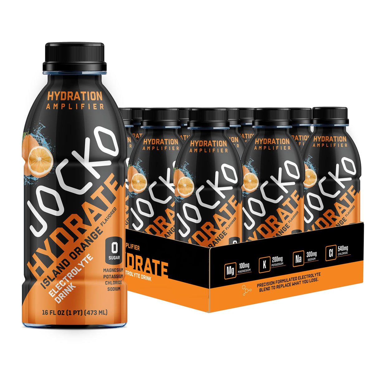 Jocko Fuel Hydrate frontal del envase mostrando sabor Island Orange y beneficio de rehidratación rápida