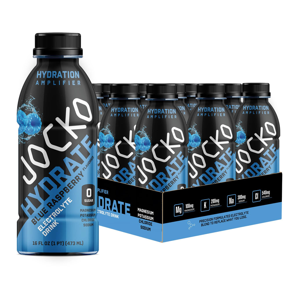 Jocko Fuel primer plano frontal mostrando botella y sabor blue raspberry para hidratación