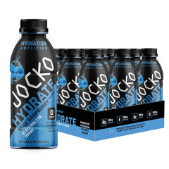 Jocko Fuel primer plano frontal mostrando botella y sabor blue raspberry para hidratación