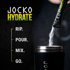 Sobre de Jocko Fuel en mochila listo para viaje, hidratación portátil inmediata