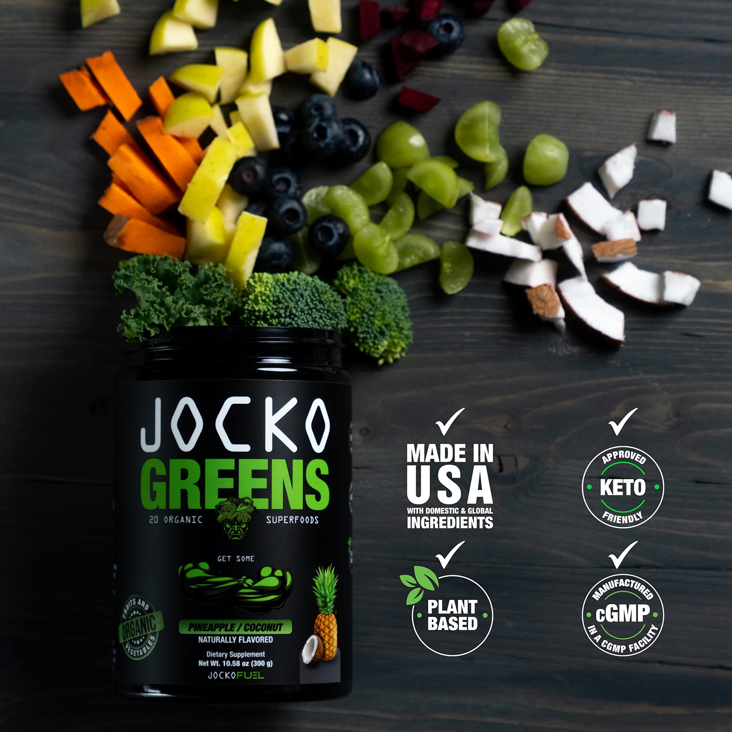 Jocko Fuel ingredientes vegetales dispuestos resaltando variedad