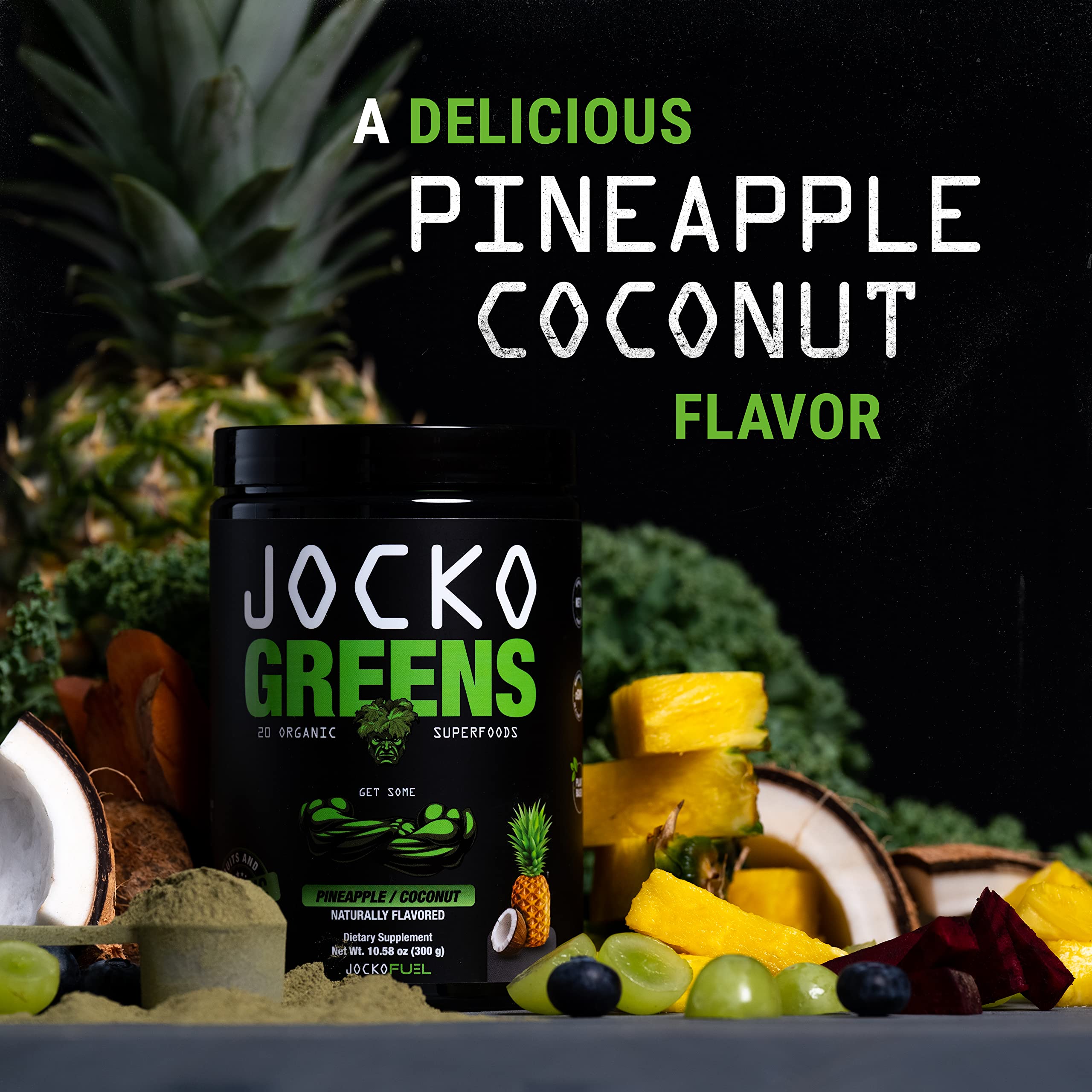 Jocko Fuel cuchara medidora junto al envase para referencia de tamaño
