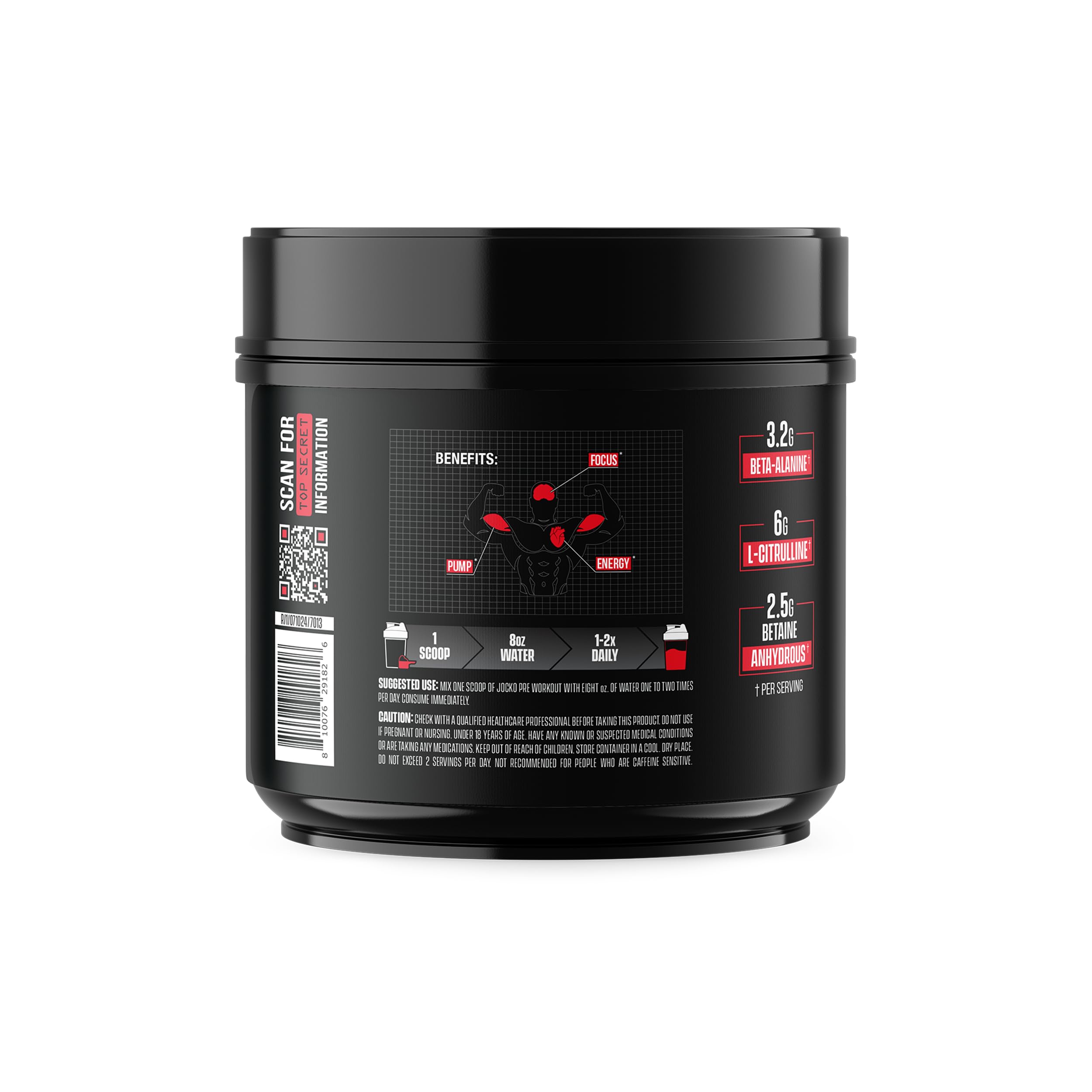 Jocko Fuel etiqueta mostrando 200 mg cafeína y 30 porciones por envase