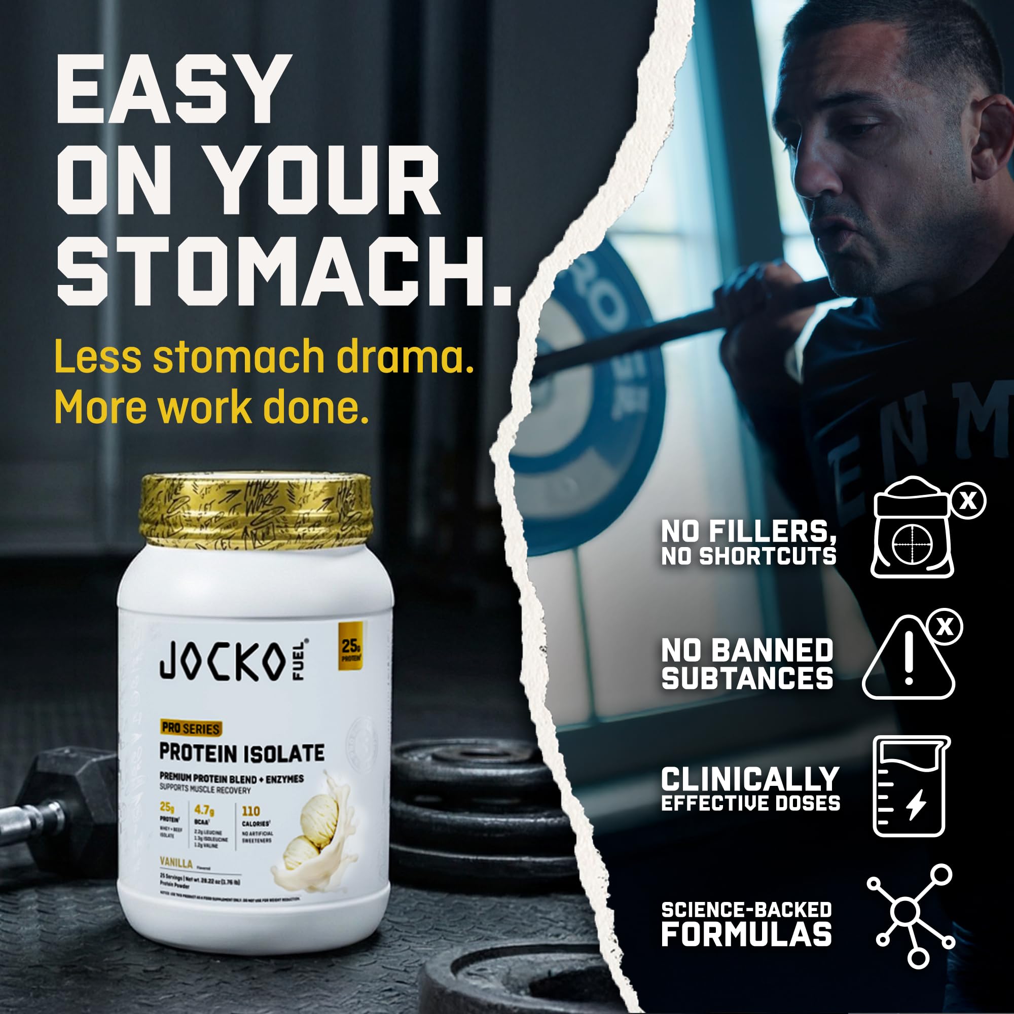 Vaso preparado con Jocko Fuel vainilla listo para consumir tras ejercicio, recupera proteínas
