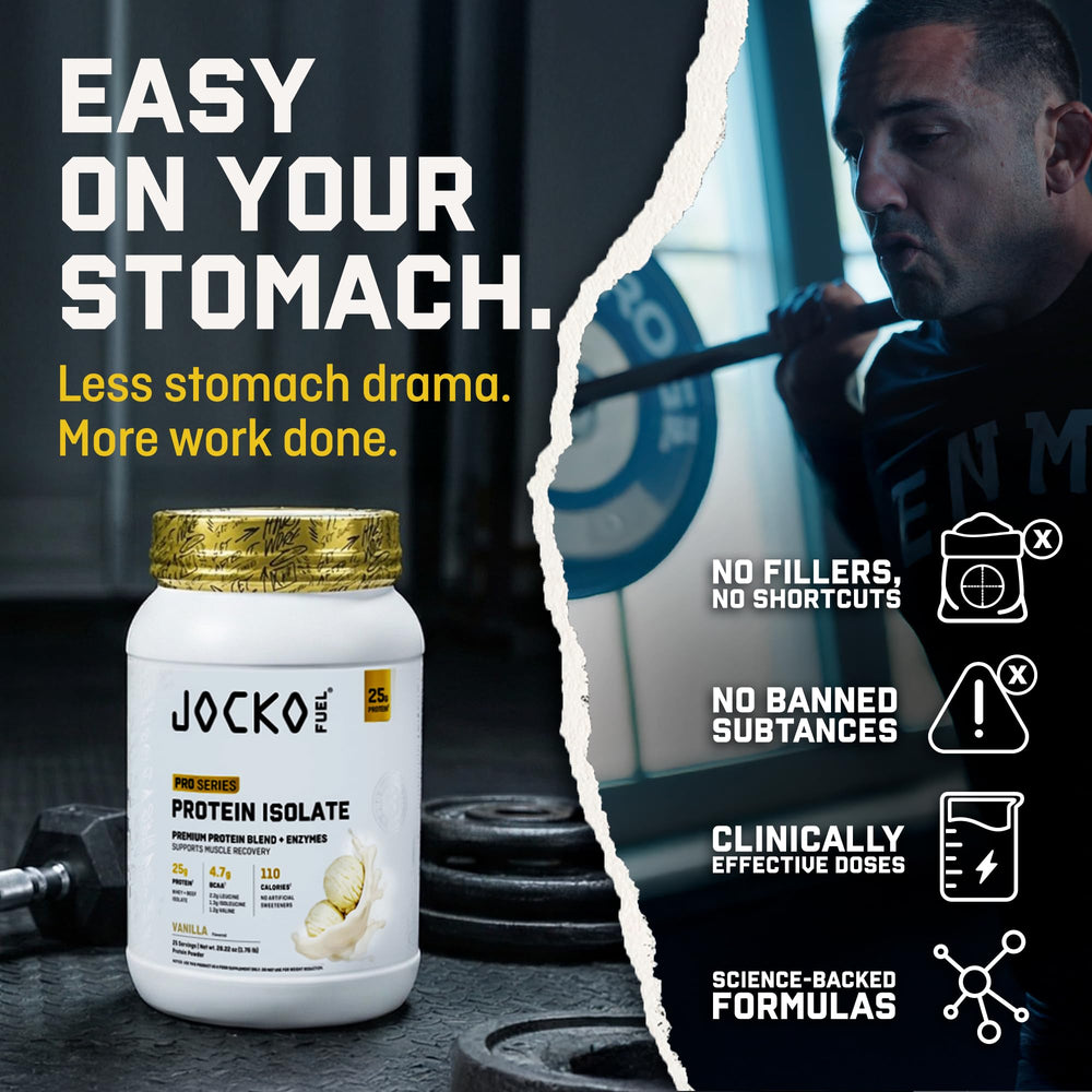 Vaso preparado con Jocko Fuel vainilla listo para consumir tras ejercicio, recupera proteínas