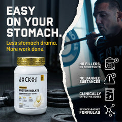 Vaso preparado con Jocko Fuel vainilla listo para consumir tras ejercicio, recupera proteínas