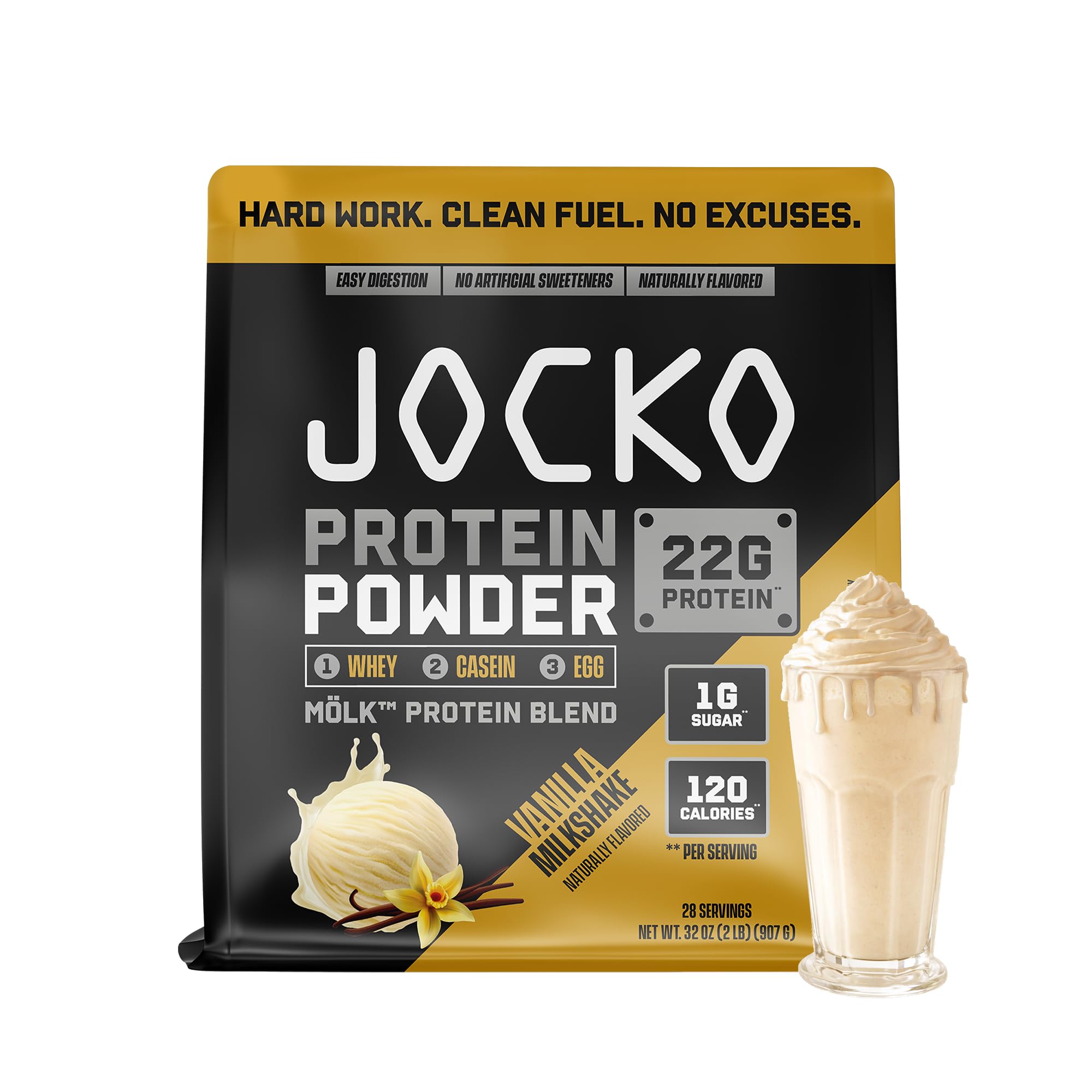 Jocko Fuel envase frontal mostrando sabor Vainilla Milkshake y beneficios