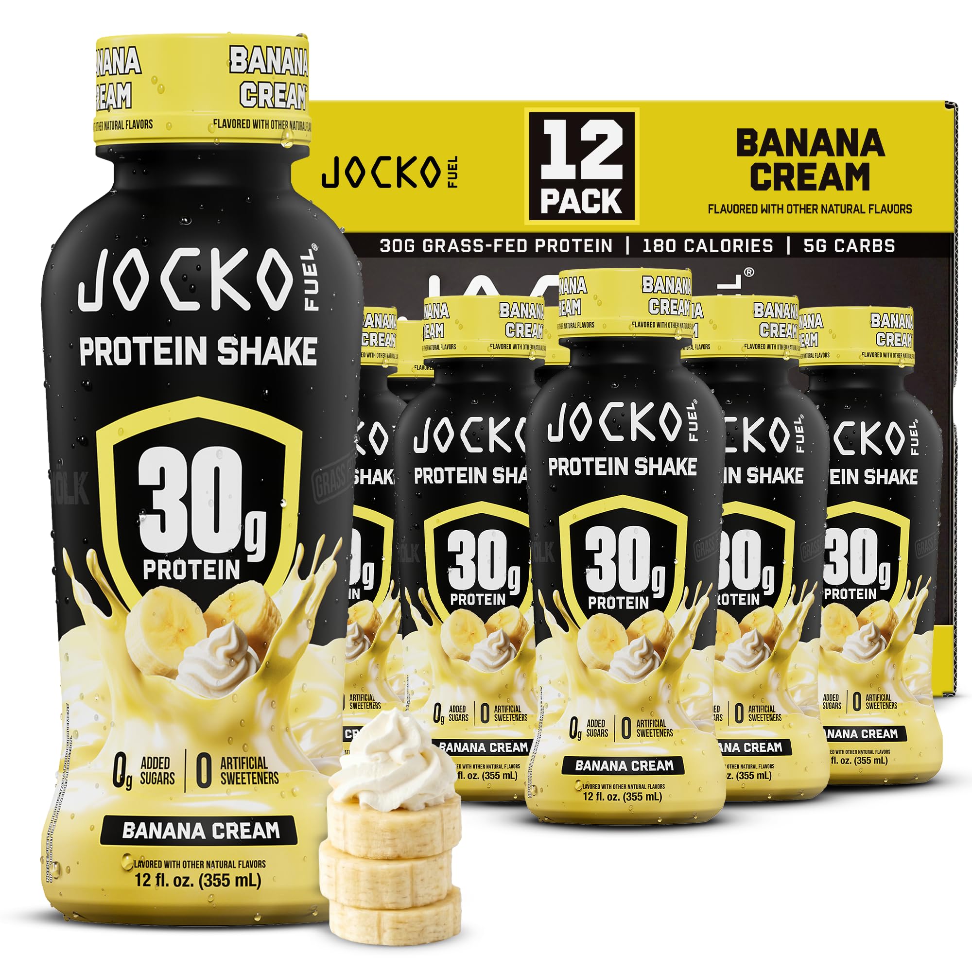 Jocko Mölk frontal del envase mostrando sabor Banana Cream y conveniencia