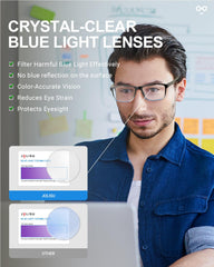 JOLISU etiqueta de lente indicando bloqueo de luz azul y protección