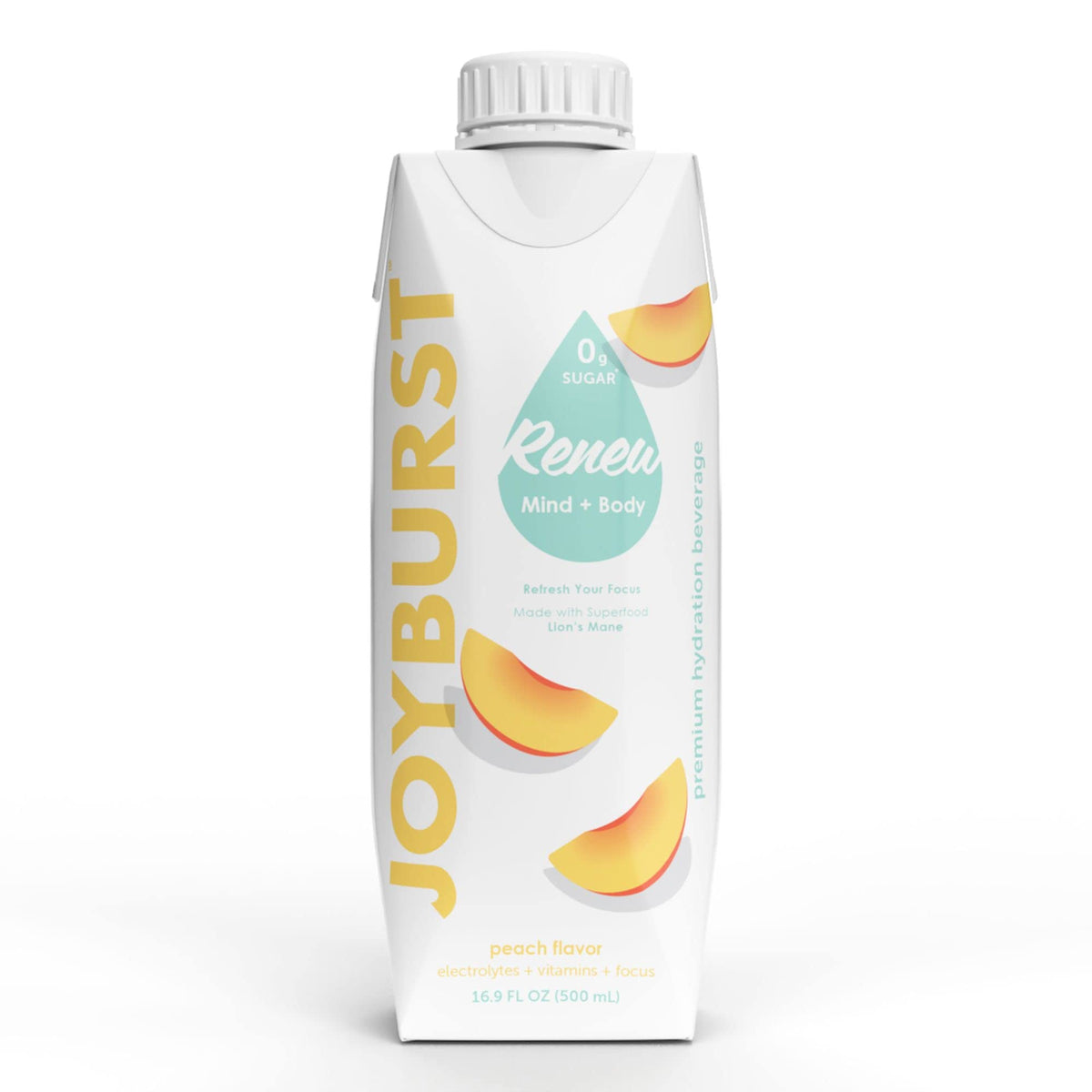 JOYBURST frente del empaque peach mostrando pack de 18 unidades y beneficio hidratante