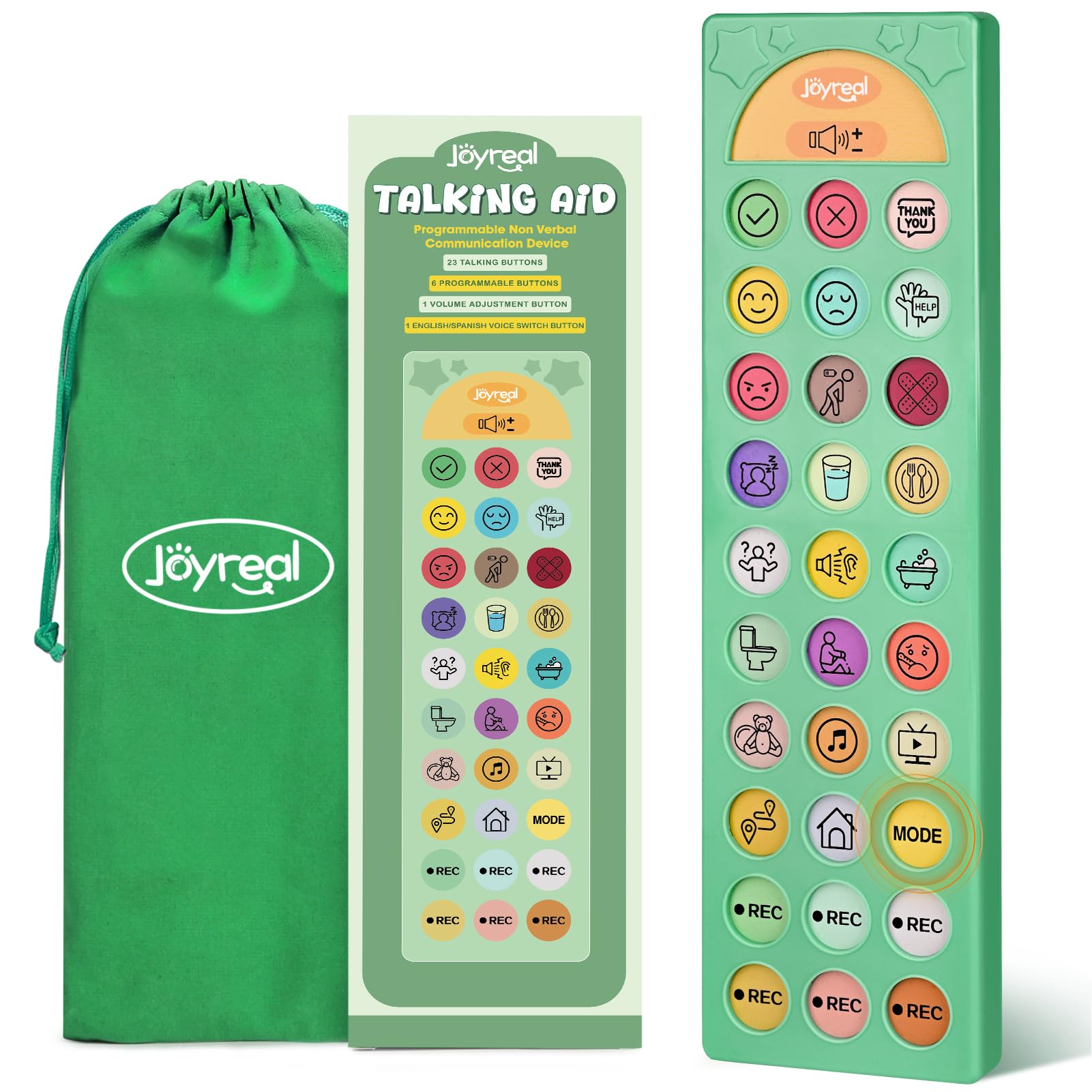 Joyreal frente del dispositivo mostrando 23 botones y diseño claro para comunicación