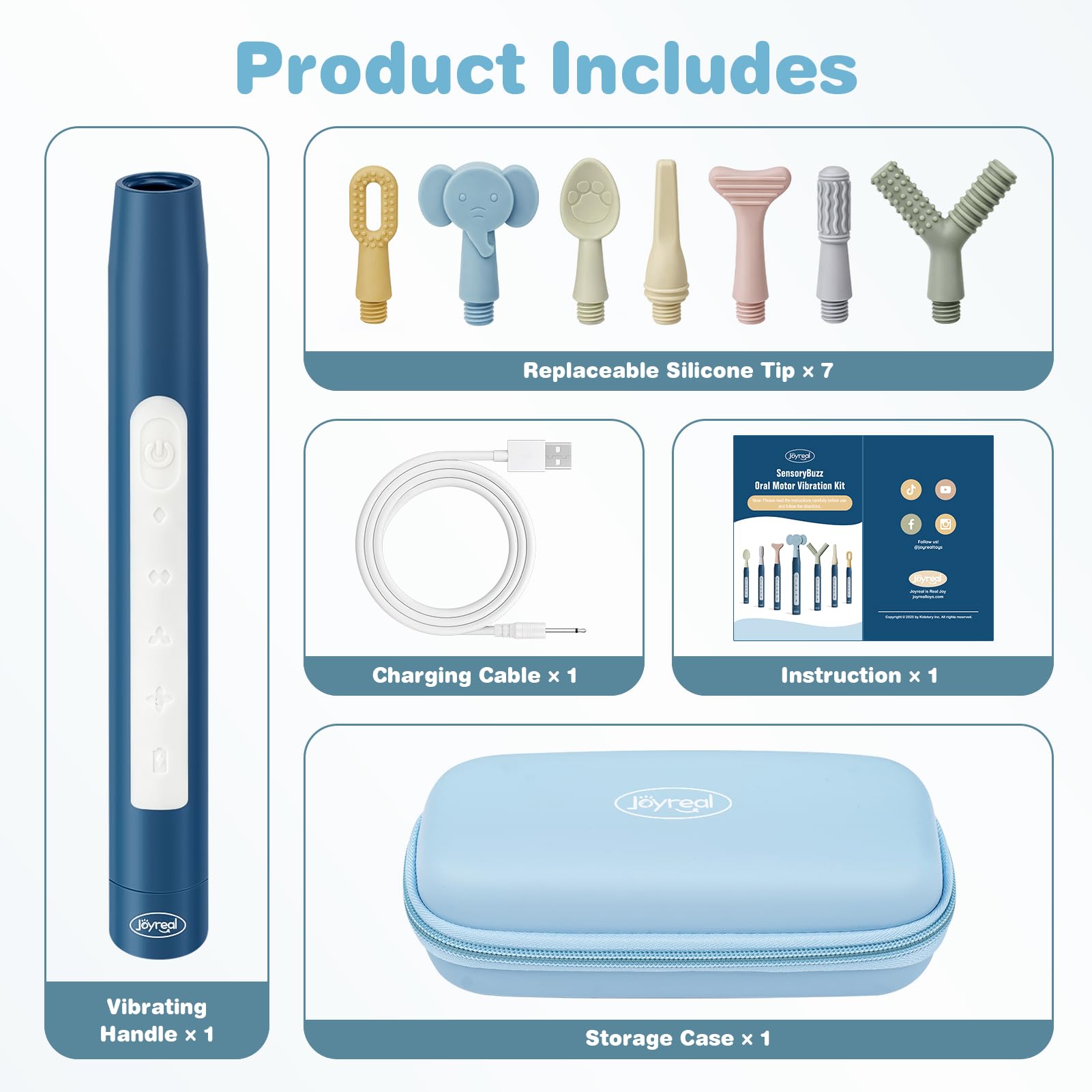 Estuche portátil Joyreal SensoryBuzz abierto con kit dentro, facilita transporte y protección