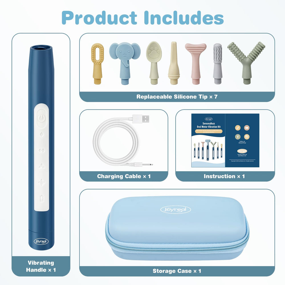 Estuche portátil Joyreal SensoryBuzz abierto con kit dentro, facilita transporte y protección