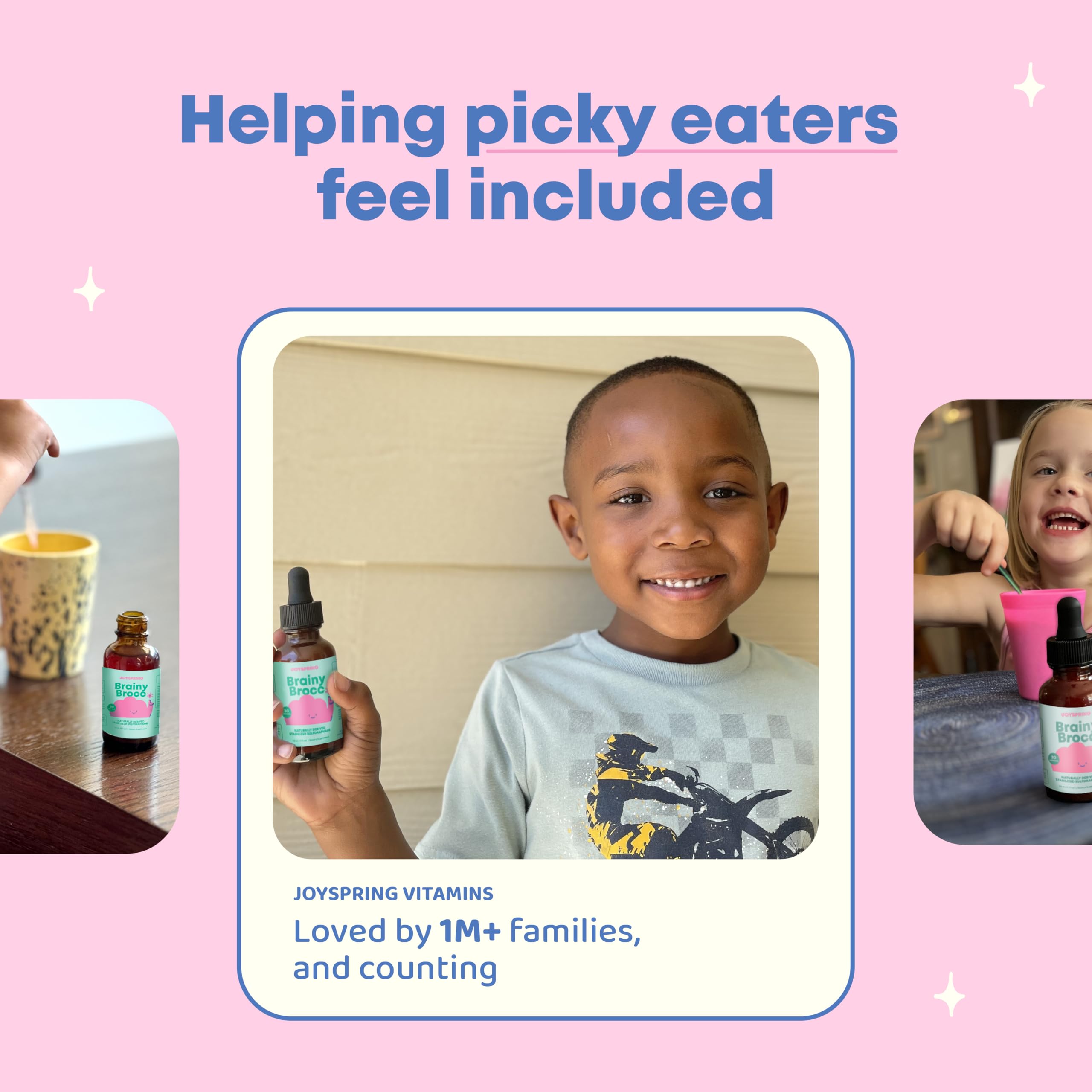 JoySpring gotero dosificando una gota en un vaso para mezclar con bebidas infantiles