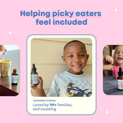 JoySpring gotero dosificando una gota en un vaso para mezclar con bebidas infantiles