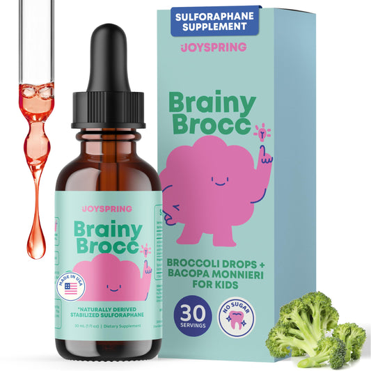 JoySpring frasco frontal del suplemento de brotes de brócoli muestra tamaño y etiqueta clara