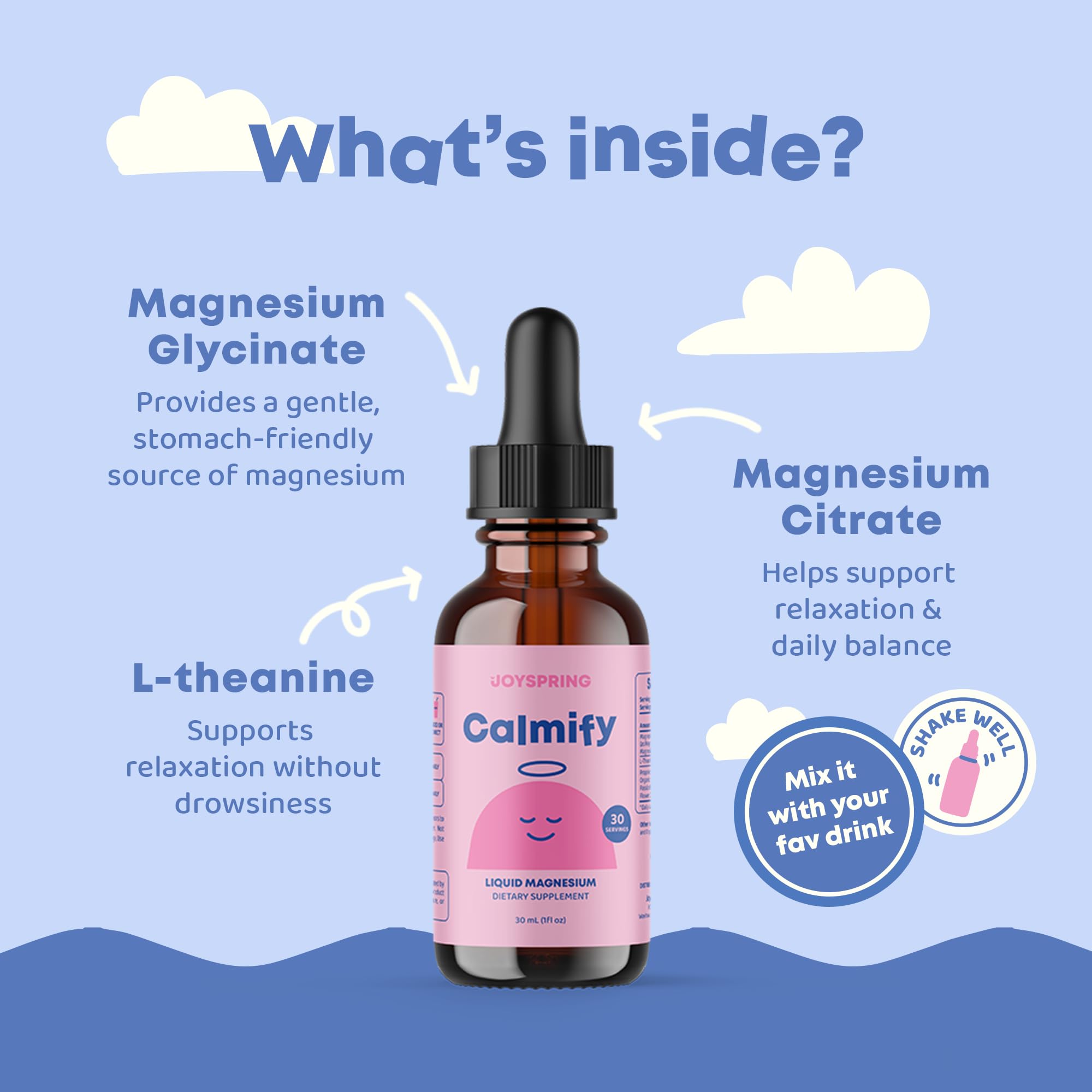 JoySpring Calmify botella junto a una regla para comparar tamaño y duración