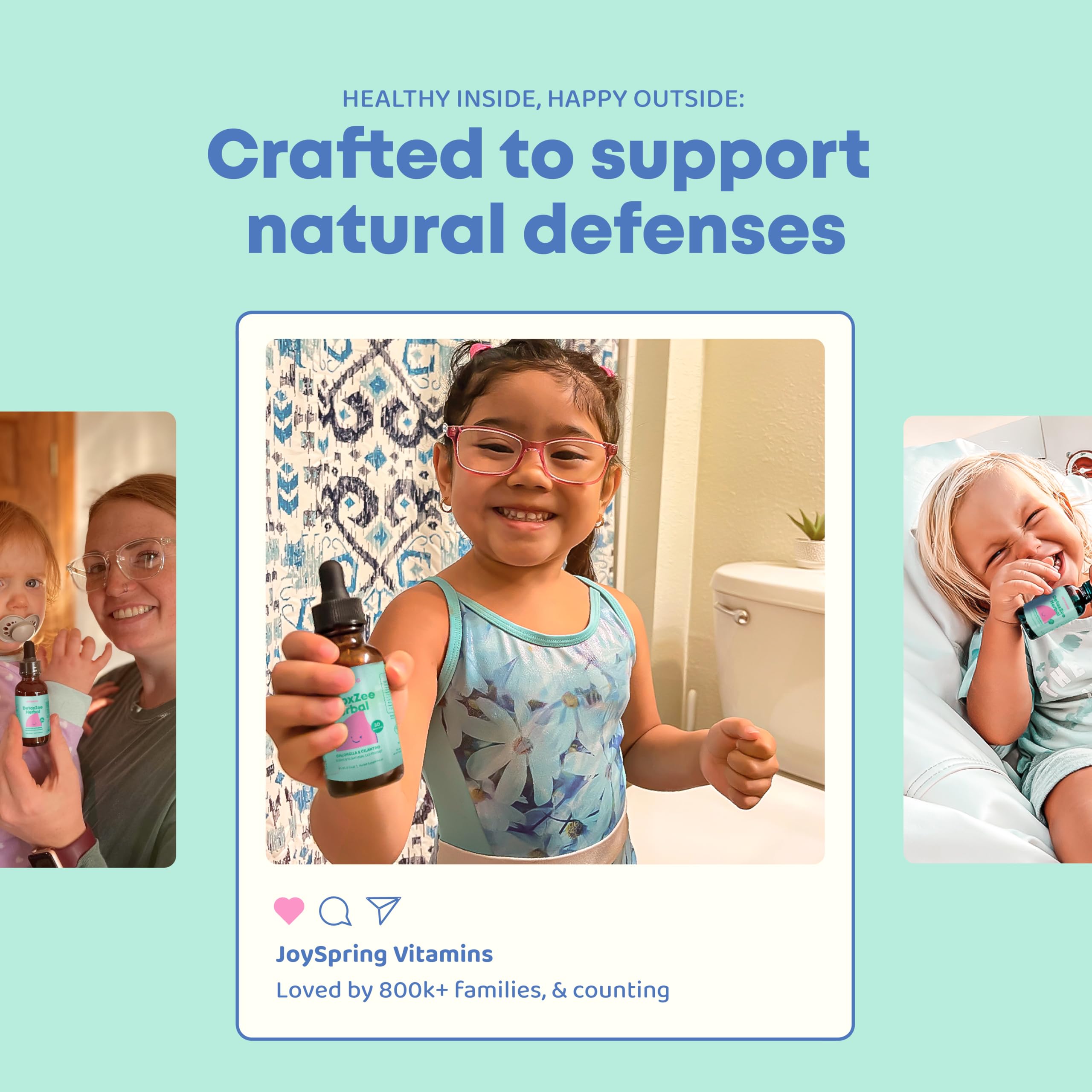 JoySpring gotas DetoxZee vertidas en vaso indicando mezcla fácil con jugos o alimentos