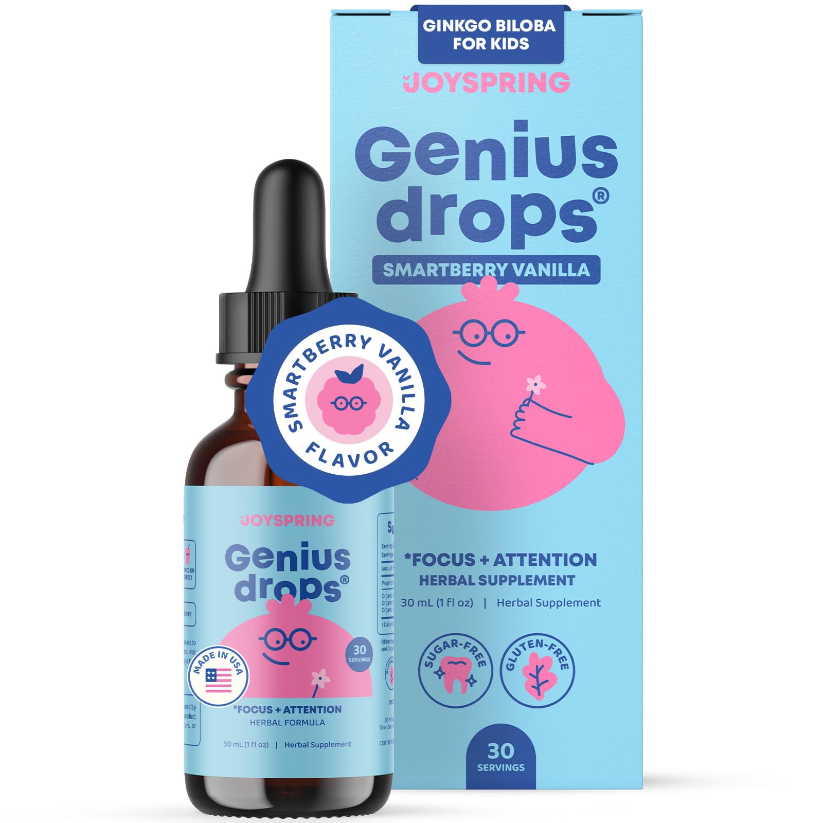 JoySpring envase frontal Genius Drops mostrando el tamaño y el sabor SmartBerry Vanilla, atractivo para niños