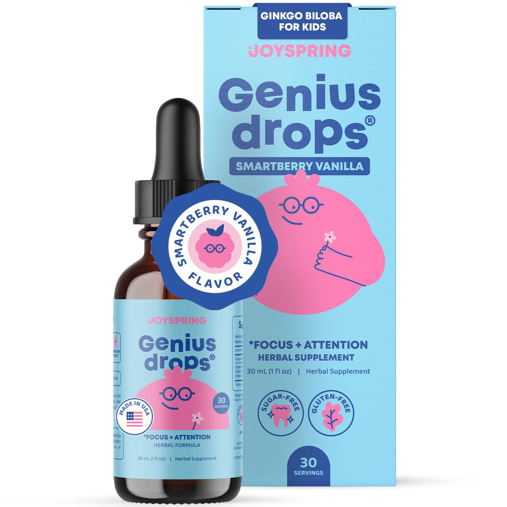 JoySpring envase frontal Genius Drops mostrando el tamaño y el sabor SmartBerry Vanilla, atractivo para niños