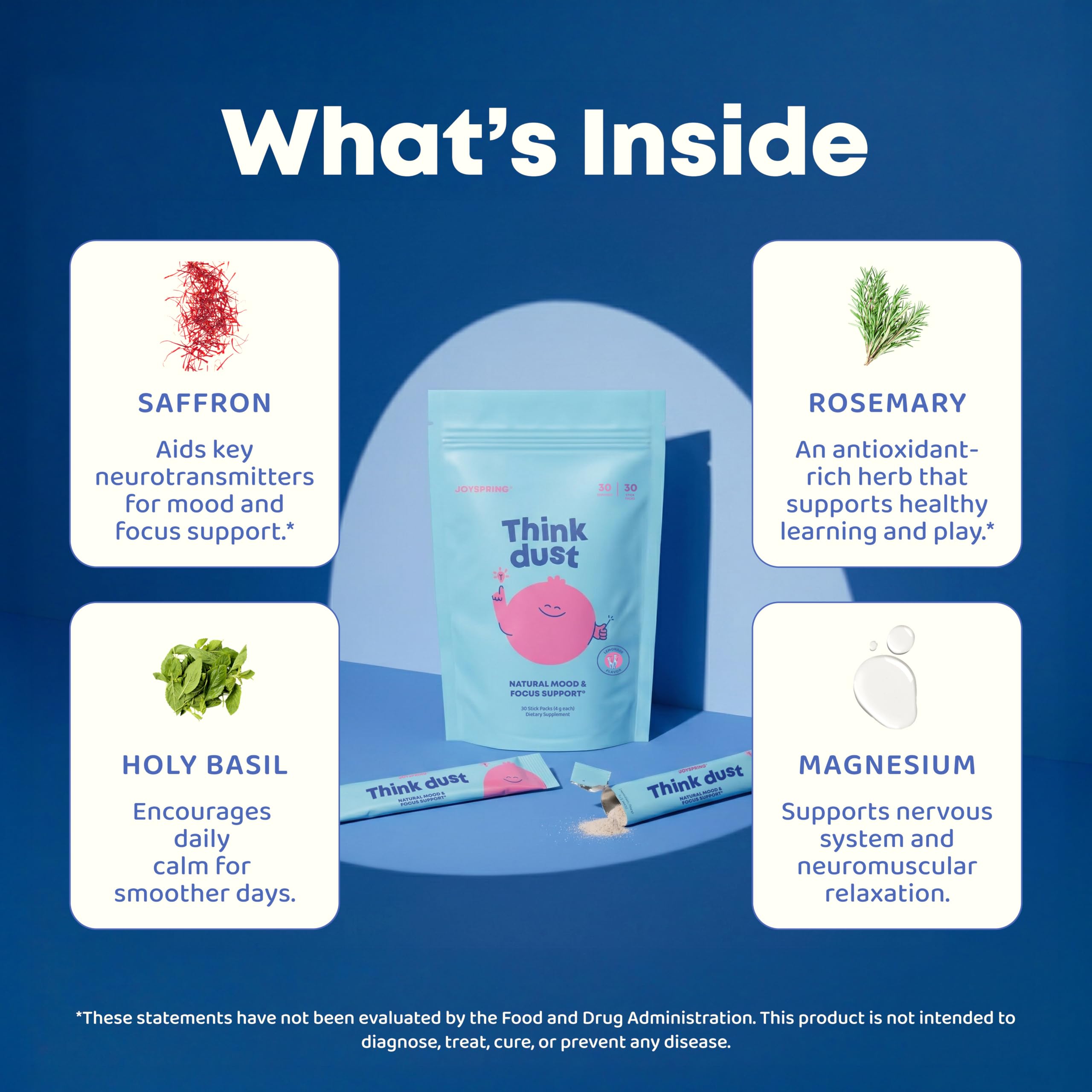 Etiqueta de JoySpring con lista de ingredientes botánicos, beneficio: transparencia y limpieza
