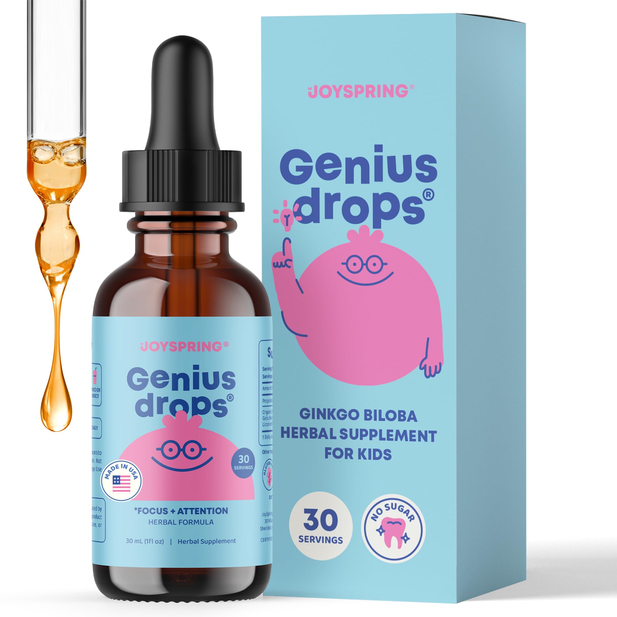 JoySpring botella frontal de Genius Kids con ginkgo, presentación clara y beneficios prácticos