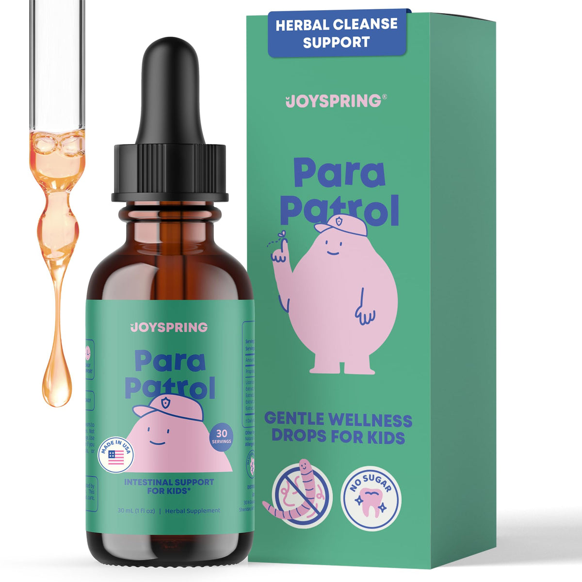 JoySpring botella frontal mostrando la etiqueta y beneficio práctico
