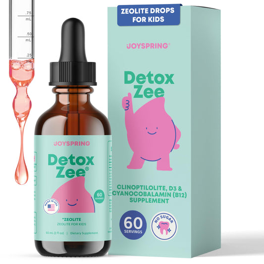 JoySpring frasco frontal DetoxZee Kids mostrando etiqueta y tamaño