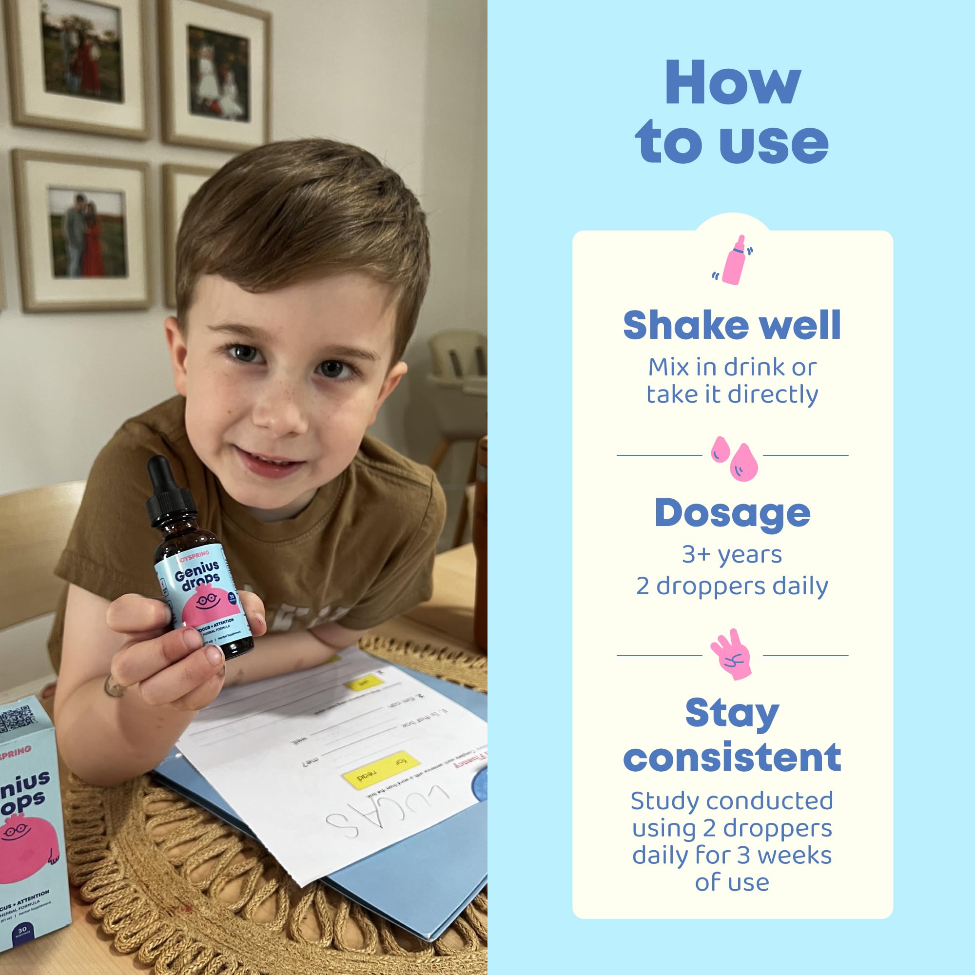 JoySpring escena familiar con niño disfrutando batido que integra las gotas en rutina diaria
