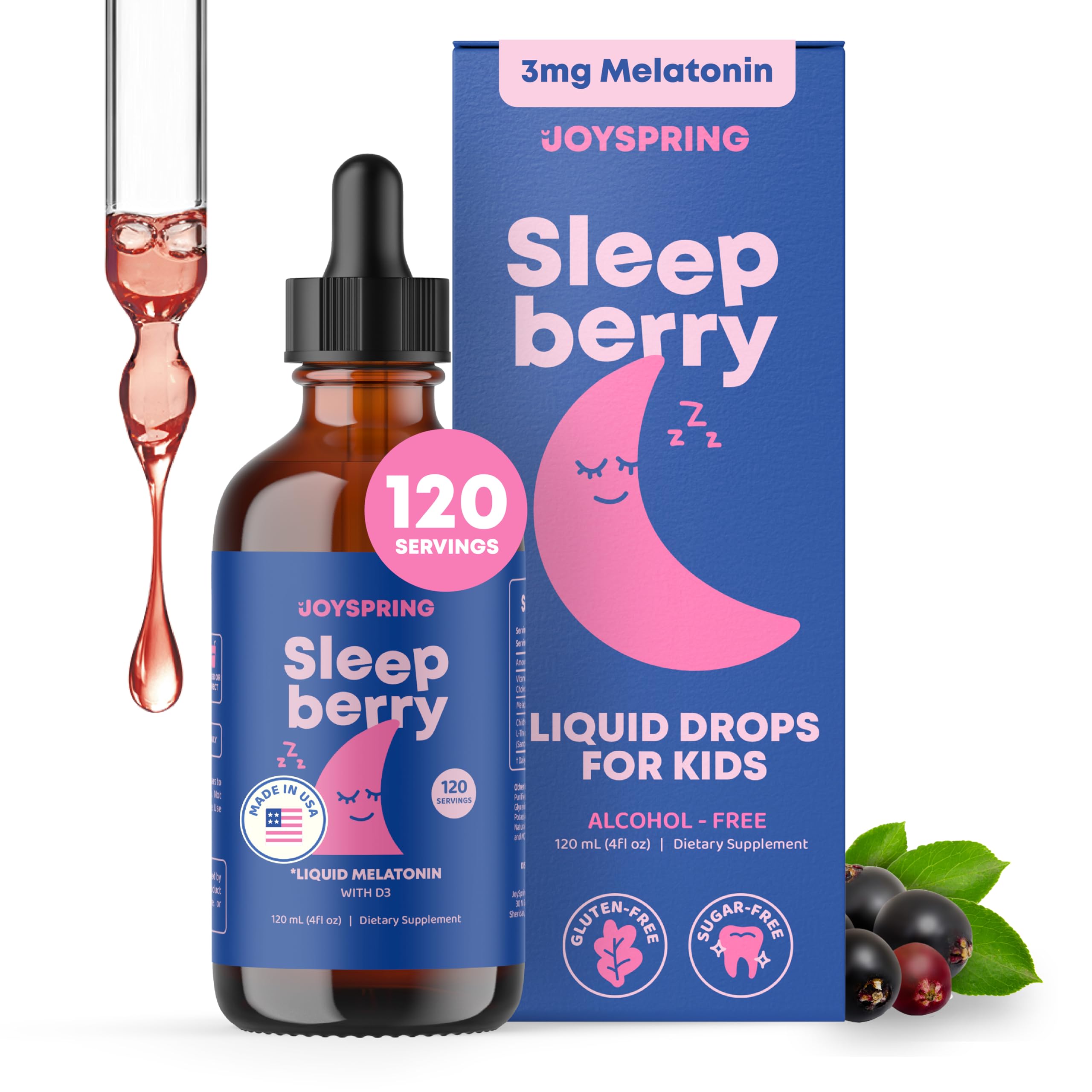 JoySpring SleepBerry frontal del envase mostrando botella y etiqueta, beneficio: dosificación clara