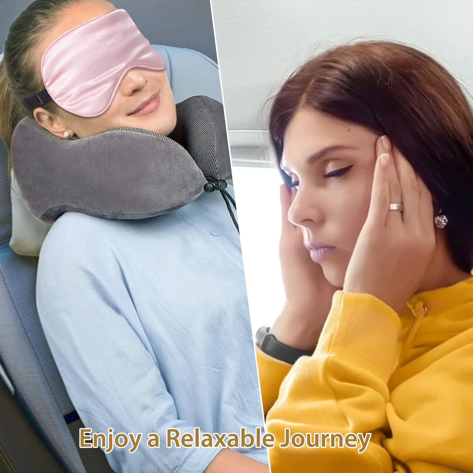 Persona usando antifaz JroyJoy en avión para descansar mejor