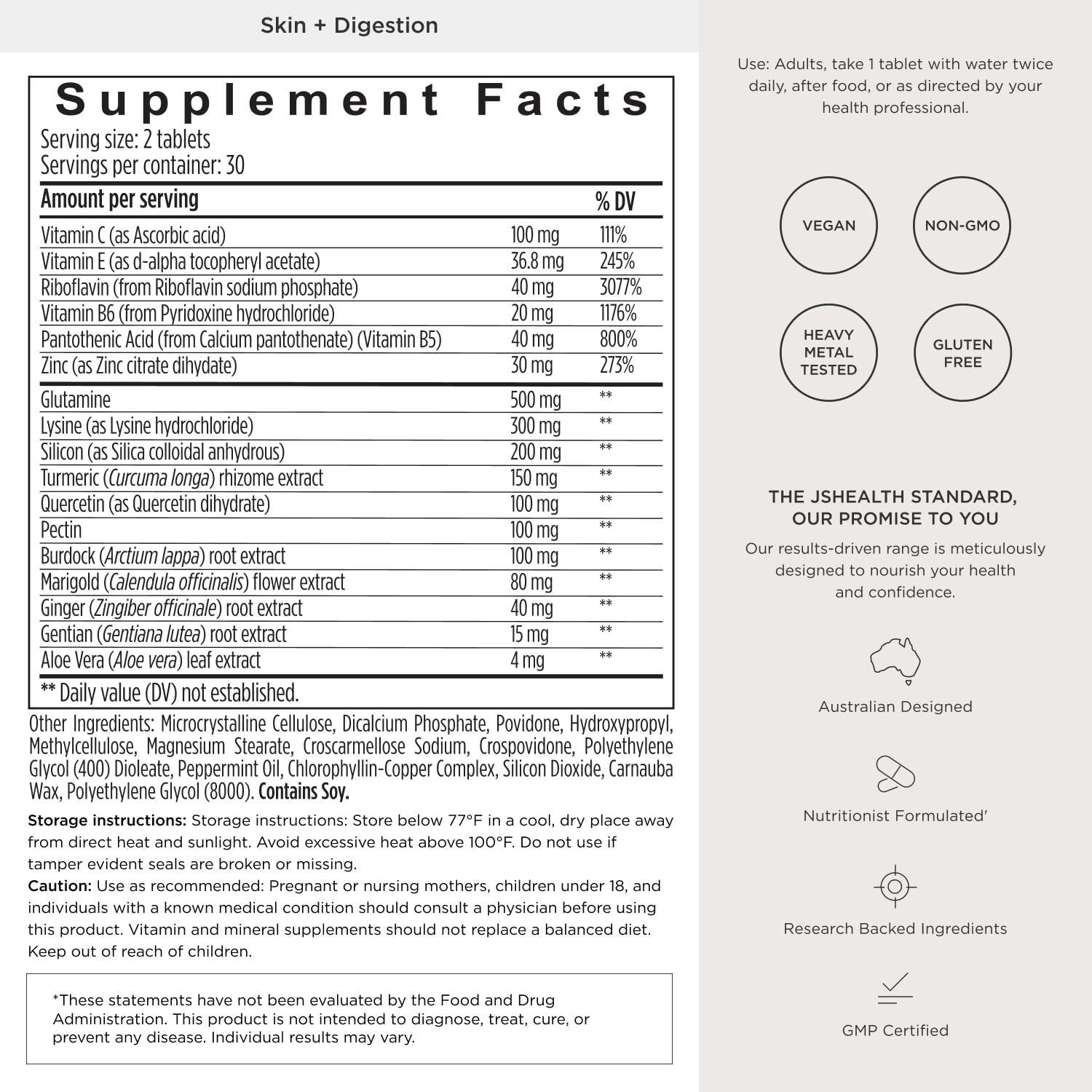 JSHealth sello cGMP y certificaciones en etiqueta, garantía de calidad