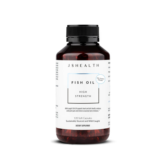 JSHealth frasco de aceite de pescado omega-3, enfoque botella, apoyo a la salud general.