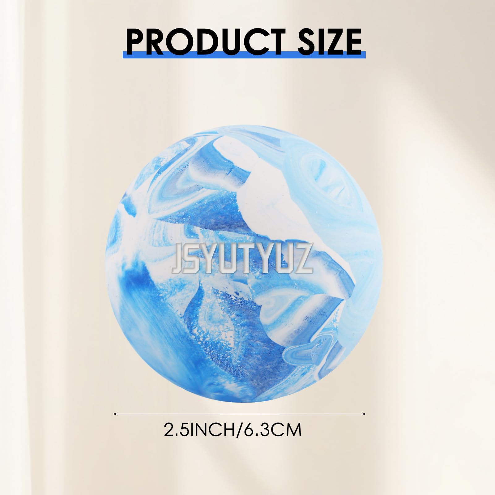 Etiqueta y material de la pelota JSYUTYUZ que indica caucho natural y diseño jaspeado único