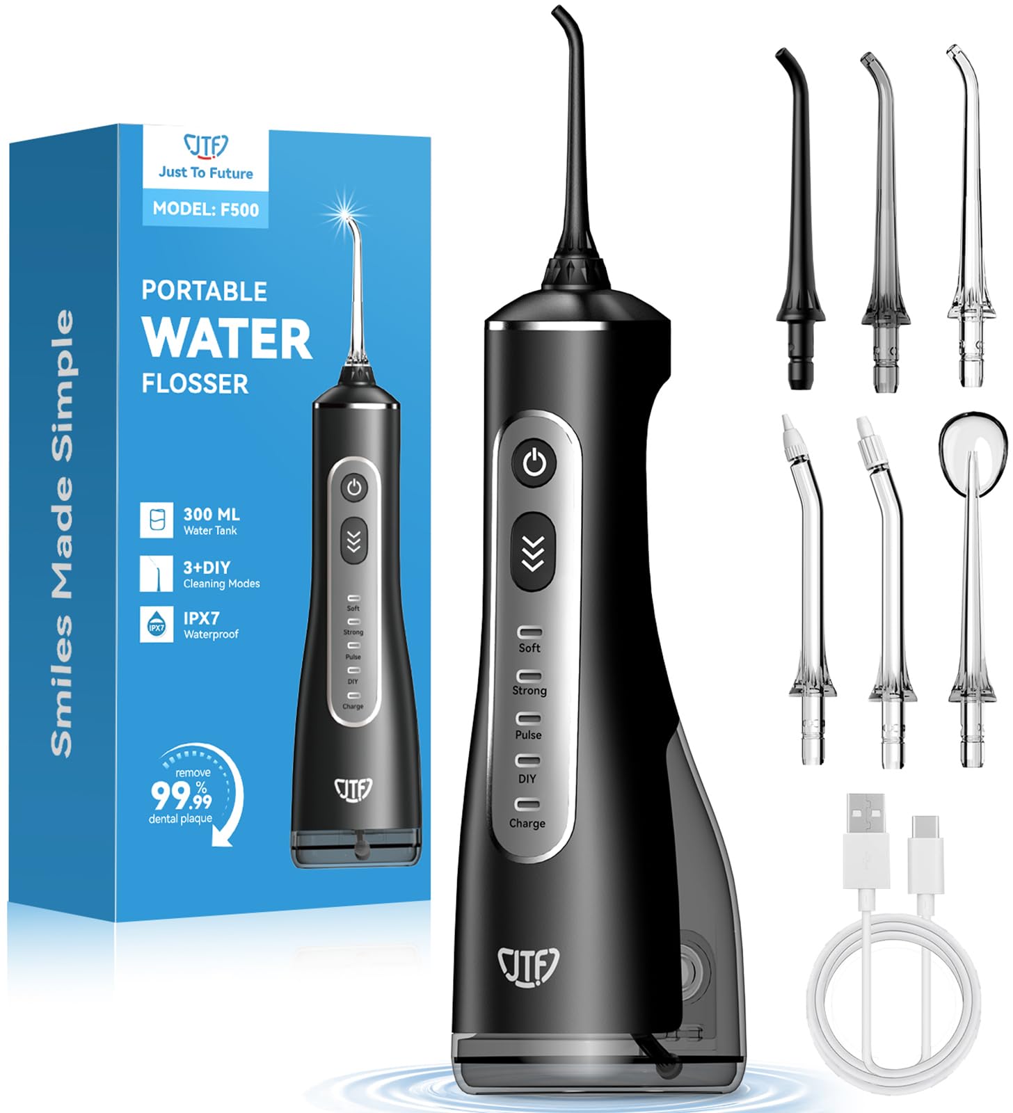 JTF frontal del irrigador mostrando diseño y depósito 300 ml para limpieza completa