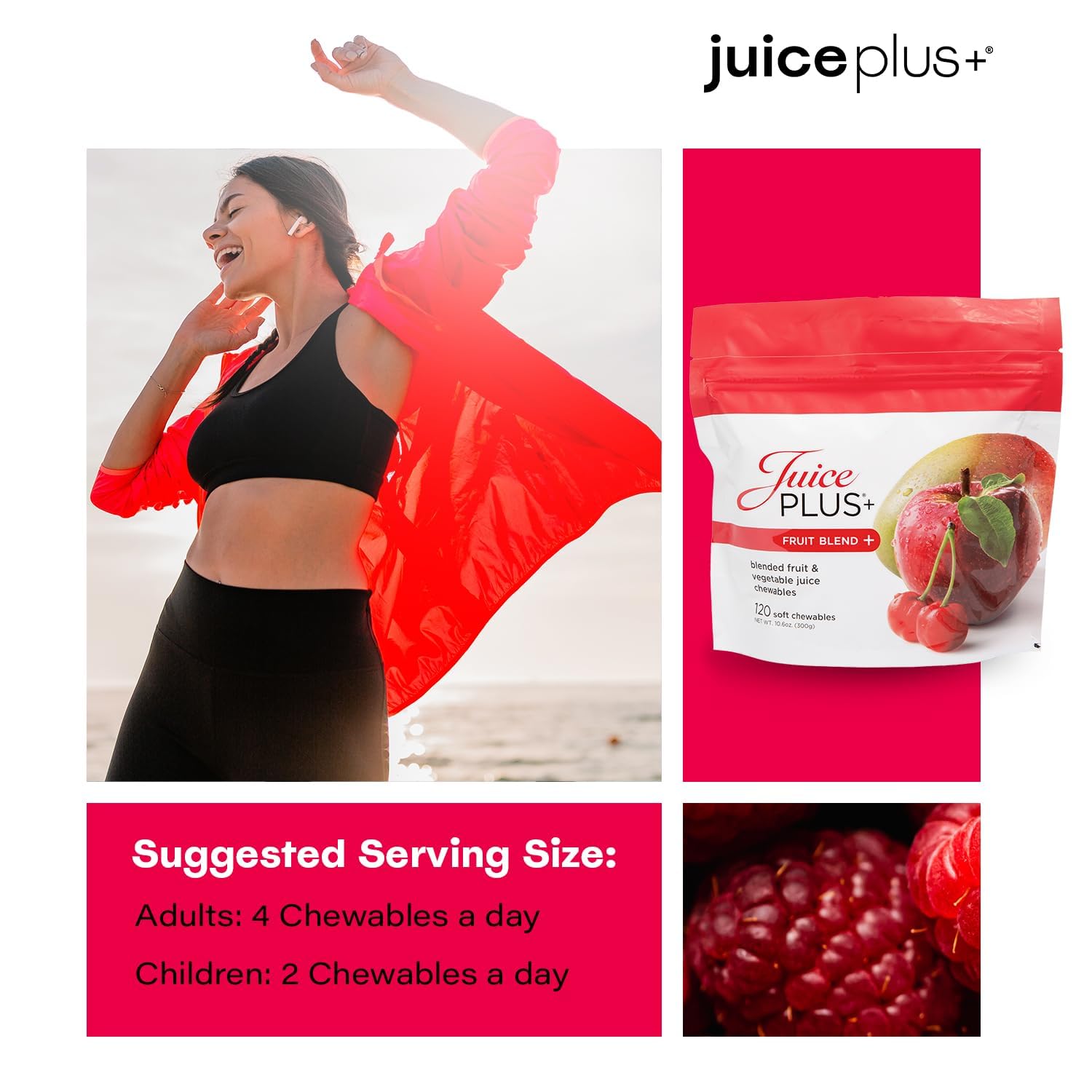 Gomitas Juice Plus+ sobre fondo con frutas que indican sabor natural