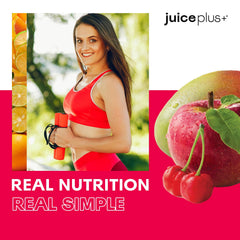 Juice Plus+ escala frente a la mano para mostrar tamaño de las gomitas