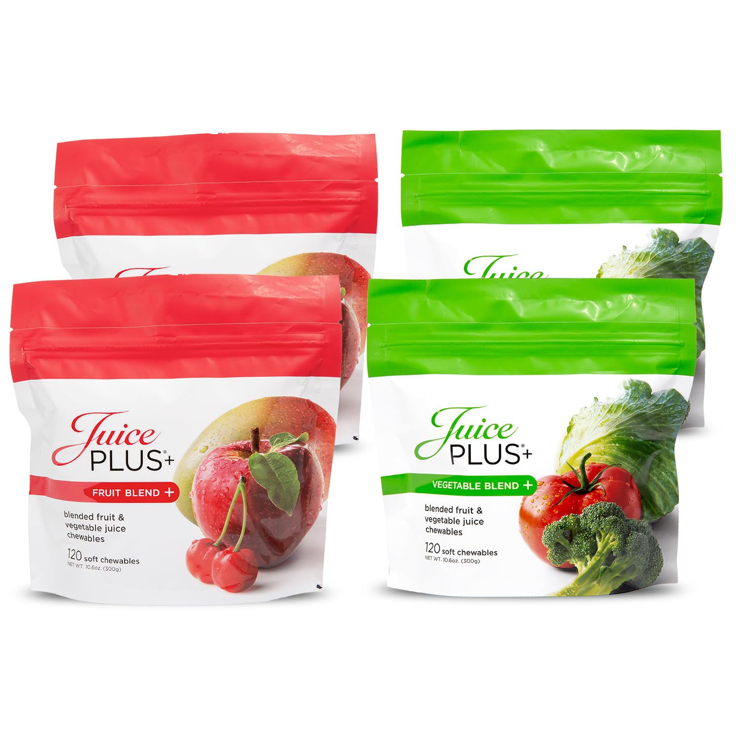 Juice Plus+ frente del empaque mostrando cuatro paquetes y utilidad práctica