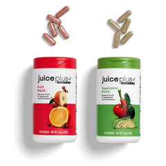 Juice Plus+ envases dobles mostrando el producto y almacenamiento conveniente