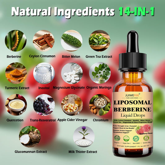 JUIWEFKK etiqueta con lista de ingredientes resaltando pureza y mezcla 14 en 1