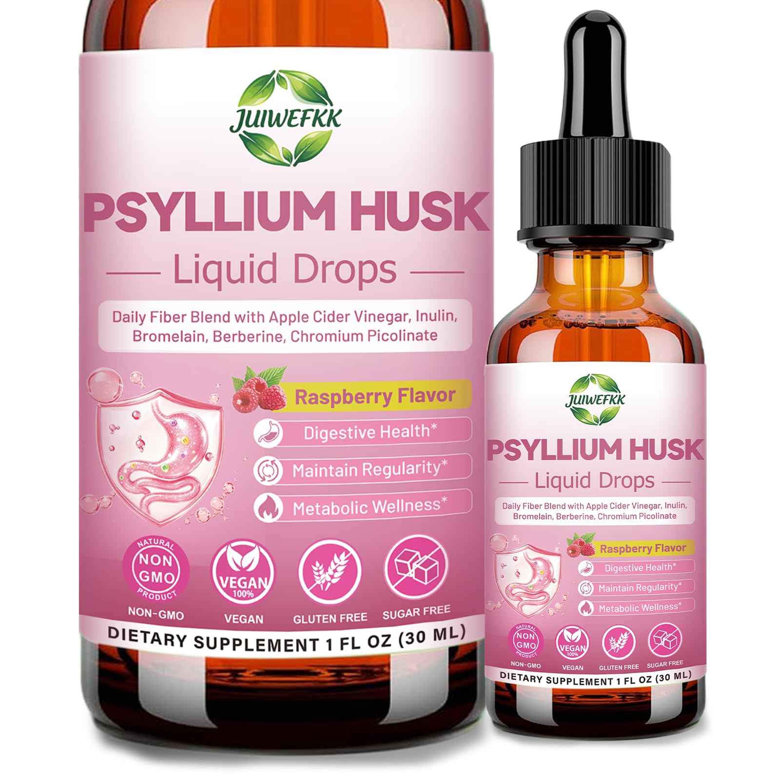 JUIWEFKK frasco frontal del suplemento de psyllium con sabor a frambuesa y etiqueta clara