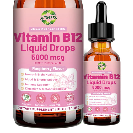 JUIWEFKK frontal del envase mostrando gotas B12 5000 mcg y beneficio de potencia