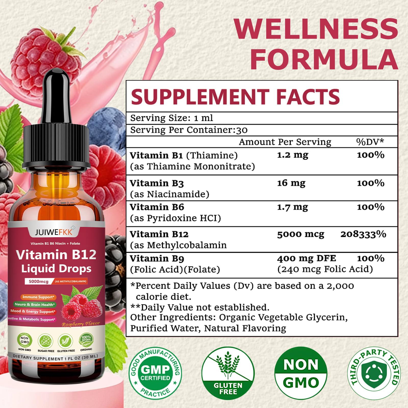 Lista de ingredientes de JUIWEFKK mostrando vitaminas B y folato