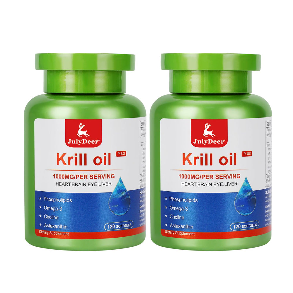 JulyDeer frasco frontal de Krill Oil mostrando envase y cantidad