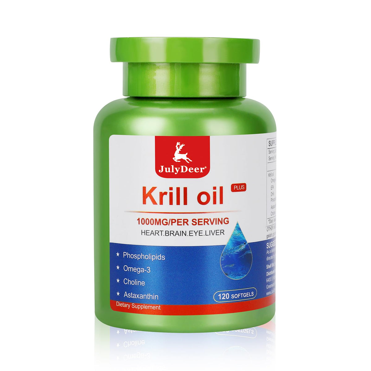 JulyDeer frasco frontal de krill oil, presentación clara y sin regusto