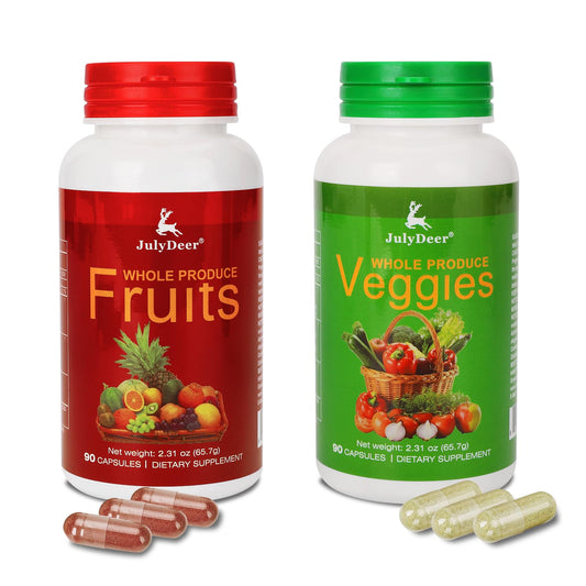 JulyDeer empaque frontal mostrando mezcla de frutas y verduras, conveniencia diaria