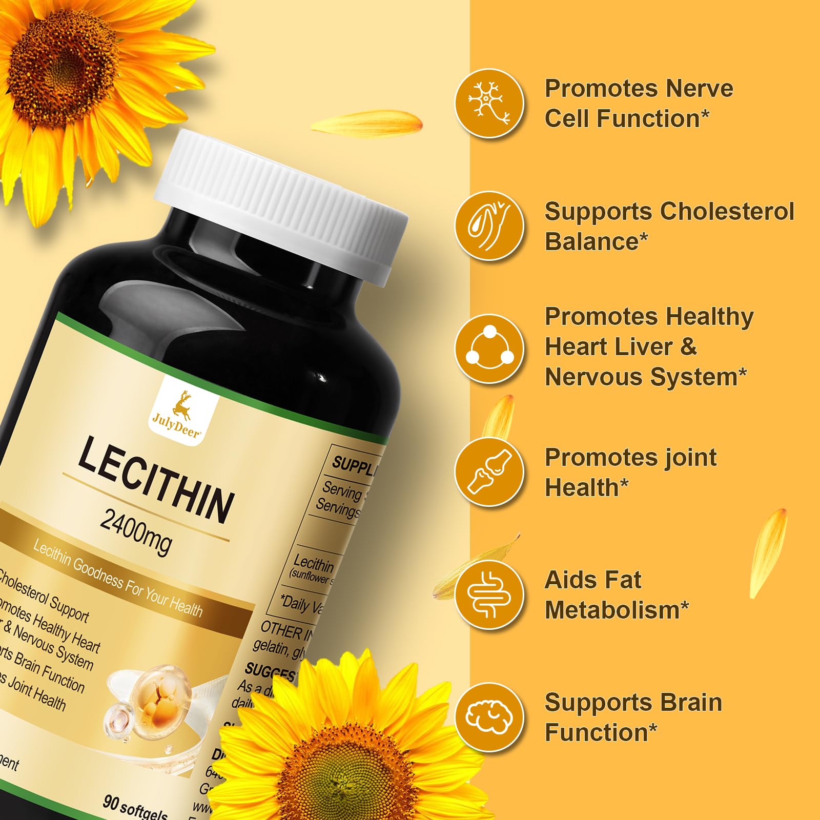 Etiqueta nutricional de JulyDeer lecitina de girasol mostrando información de fosfolípidos