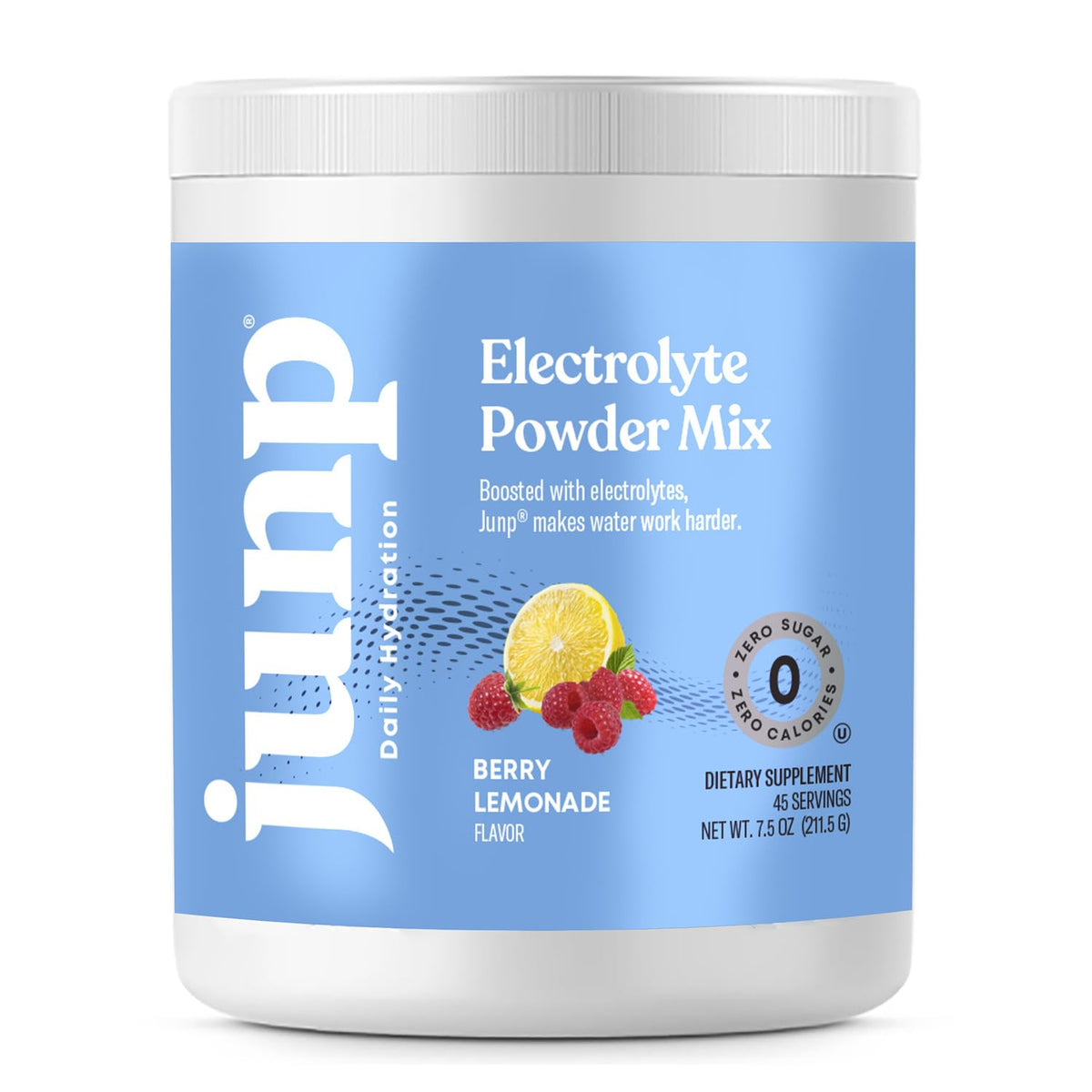 JUNP empaque frontal Berry Lemonade mostrando 45 porciones y beneficios