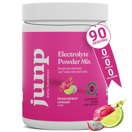 JUNP frente del empaque mostrando sabor dragonfruit limeade y beneficios de hidratación