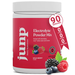 JUNP frente del empaque mostrando sabor Wild Berry y 90 servicios, ayuda a hidratar